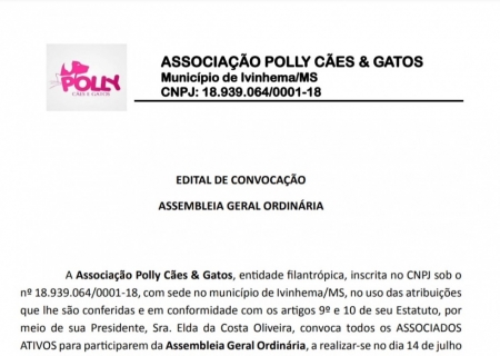 Associação Polly Cães & Gatos convoca Associados para Assembleia